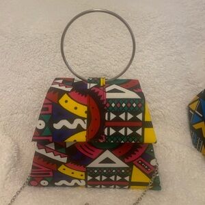 Colorful Geometric Print Women's Handbag with Silver Ring Handle